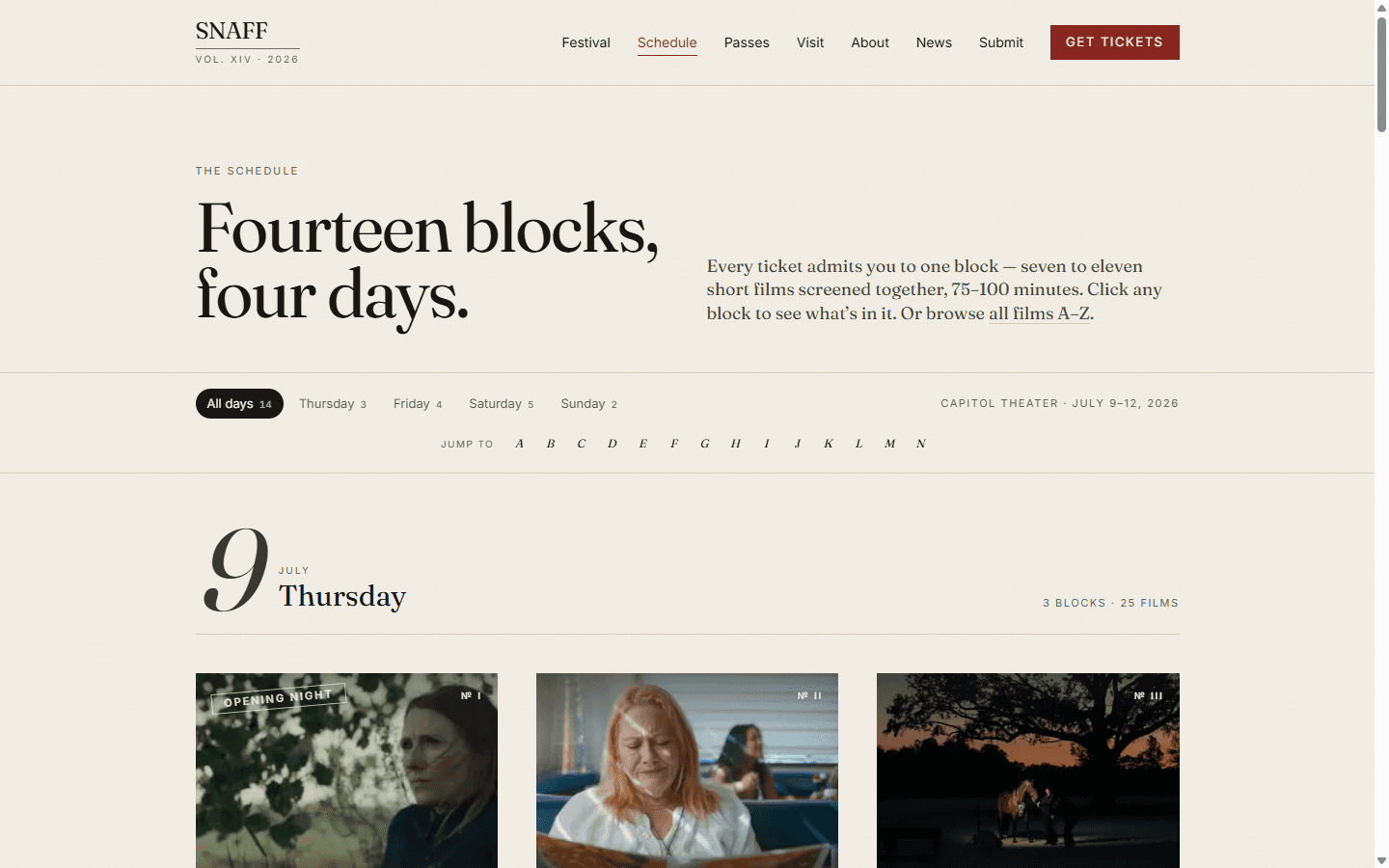 The SNAFF schedule page — fourteen blocks across four days